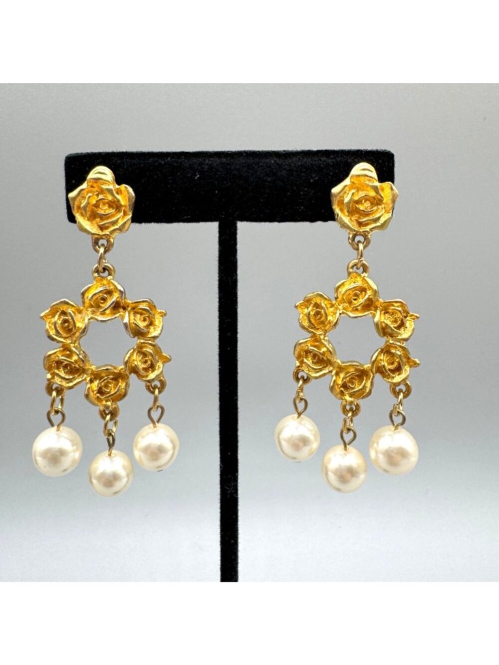 Vintage Rose and Faux Pearl Dangle Earrings Waterfall Bridal Statement Wedding - Picture 9 of 11